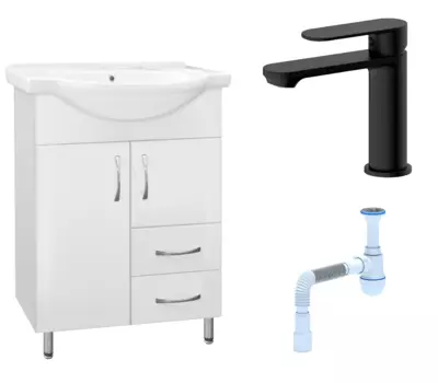 Комплект: Тумба с раковиной Style Line Эко Стандарт №10/2 60 + Смеситель Haiba HB10590-7 + Сифон АниПласт 58515 + HB10590-7 + C2015xrv