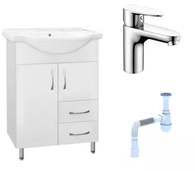 Комплект: Тумба с раковиной Style Line Эко Стандарт №10/2 60 + Смеситель Wasserkraft Leine 3503 + Сифон АниПласт 58515 + 3503 + C2015xrv