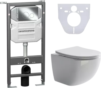 Комплект Унитаз подвесной Ceramica Nova Forma CN3009 безободковый, с микролифтом + Система инсталляции для унитазов Envision CN1001CH с кнопкой смыва и шумоизоляционной панелью CN3009_1001CH_1000
