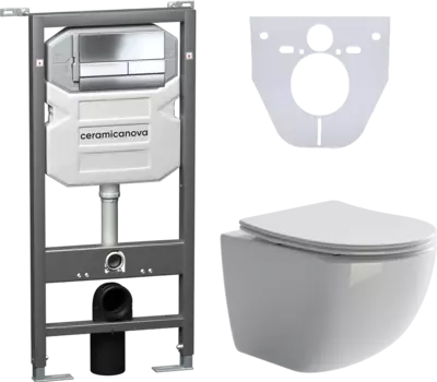 Комплект Унитаз подвесной Ceramica Nova Forma CN3009 безободковый, с микролифтом + Система инсталляции для унитазов Envision CN1002CH с кнопкой смыва и шумоизоляционной панелью CN3009_1002CH_1000