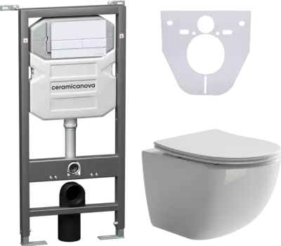 Комплект Унитаз подвесной Ceramica Nova Forma CN3009 безободковый, с микролифтом + Система инсталляции для унитазов Envision CN1002W с кнопкой смыва и шумоизоляционной панелью CN3009_1002W_1000
