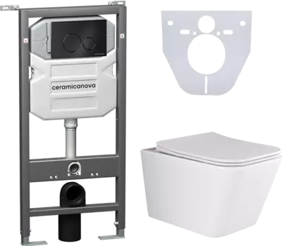 Комплект Унитаз подвесной Ceramica Nova Metric Rimless CN3007 с микролифтом, безободковый + Система инсталляции для унитазов Ceramica Nova Envision CN1001B с кнопкой смыва и шумоизоляционной панелью CN3007_1001B_1000