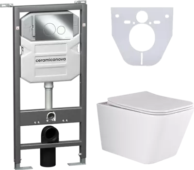 Комплект Унитаз подвесной Ceramica Nova Metric Rimless CN3007 с микролифтом, безободковый + Система инсталляции для унитазов Ceramica Nova Envision CN1001CH с кнопкой смыва и шумоизоляционной панелью CN3007_1001CH_1000