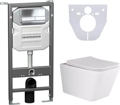 Комплект Унитаз подвесной Ceramica Nova Metric Rimless CN3007 с микролифтом, безободковый + Система инсталляции для унитазов Ceramica Nova Envision CN1002CH с кнопкой смыва и шумоизоляционной панелью CN3007_1002CH_1000