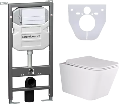 Комплект Унитаз подвесной Ceramica Nova Metric Rimless CN3007 с микролифтом, безободковый + Система инсталляции для унитазов Ceramica Nova Envision CN1002W с кнопкой смыва и шумоизоляционной панелью CN3007_1002W_1000