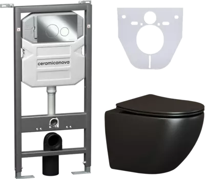 Комплект Унитаз подвесной Ceramica Nova Metropol CN4002MB безободковый, с микролифтом + Система инсталляции для унитазов Ceramica Nova Envision Round CN1001CH кнопка хром и шумоизоляционной панелью CN4002MB_1001CH_1000