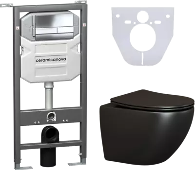 Комплект Унитаз подвесной Ceramica Nova Metropol CN4002MB безободковый, с микролифтом + Система инсталляции для унитазов Ceramica Nova Envision Round CN1002CH кнопка хром и шумоизоляционной панелью CN4002MB_1002CH_1000