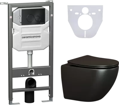 Комплект Унитаз подвесной Ceramica Nova Metropol CN4002MB безободковый + Система инсталляции для унитазов Ceramica Nova Envision Round CN1001B кнопка черная матовая и шумоизоляционной панелью CN4002MB_1001B_1000