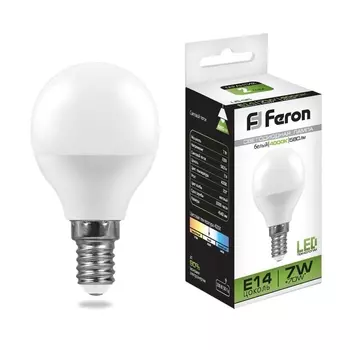 Лампа светодиодная Feron E14 7W 4000K Шар Матовая LB-95 25479 /25479