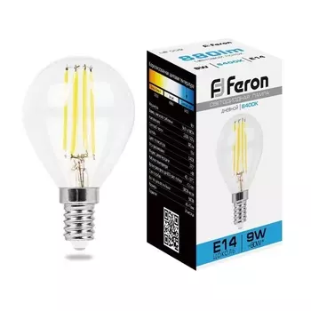 Лампа светодиодная филаментная Feron E14 9W 6400K прозрачная LB-509 38223 /38223