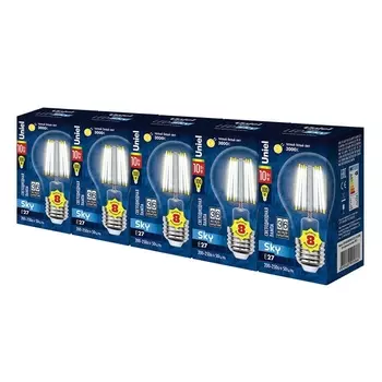 Лампа светодиодная филаментная Uniel E27 10W 3000K прозрачная LED-A60-10W/WW/E27/CL PLS02WH Набор из 5штук UL-00008083