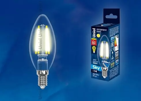 Лампа светодиодная (UL-00000199) E14 6W 3000K свеча прозрачная LED-C35-6W/WW/E14/CL PLS02WH