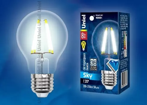 Лампа светодиодная (UL-00001372) E27 8W 4000K шар прозрачный LED-A60-8W/NW/E27/CL PLS02WH