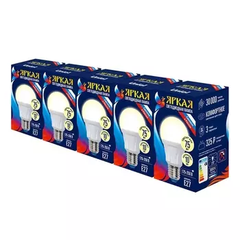 Лампа светодиодная Uniel E27 10W 3000K матовая LED-A60 10W/WW/E27/FR PLP01WH Набор из 5штук UL-00008087