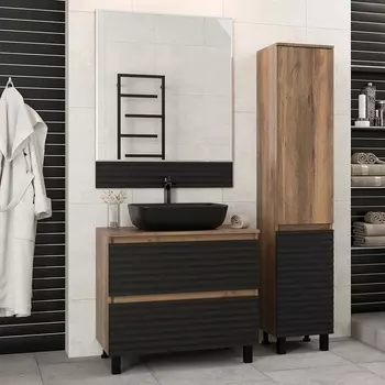 Мебель для ванной Brevita Dakota 80 напольная, дуб галифакс олово, черный кварц