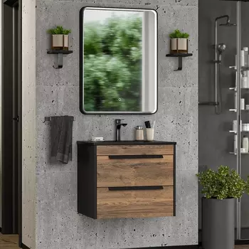 Мебель для ванной Brevita Monsour 60 подвесная, дуб галифакс олово, черный кварц