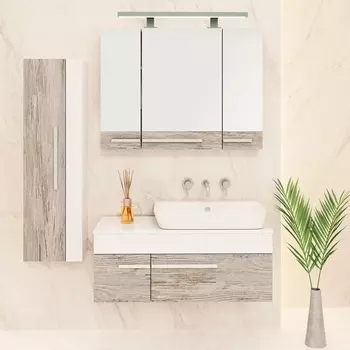 Мебель для ванной Runo Вудлайн 100, скандинавский дуб, раковина Caspia 60 Square