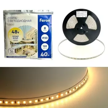 Светодиодная лента Feron 8W/m 120LED/m 2835SMD теплый белый 40M LS420 48791 /48791
