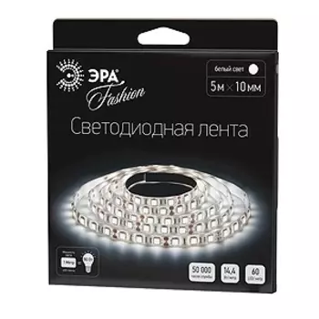 Светодиодная лента ЭРА 14,4W/m 60LED/m 5050SMD холодный белый 5M LS5050-60LED-IP20-W-5m