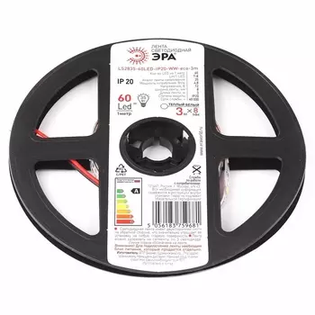 Светодиодная лента ЭРА 4,8W/m 60LED/m 2835SMD теплый белый 3M LS2835-60LED-IP20-WW-eco-3m Б0035585