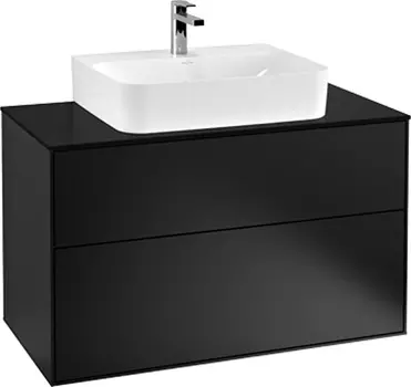 Тумба для комплекта Villeroy & Boch Finion 100 black matt lacquer, glass black matt, с настенным освещением G10200PD