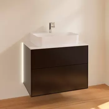 Тумба для комплекта Villeroy & Boch Finion 80 black matt lacquer, glass white matt, с настенным освещением G09100PD