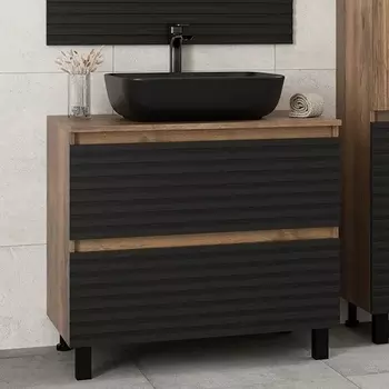 Тумба с раковиной Brevita Dakota 80 напольная, дуб галифакс олово, черный кварц