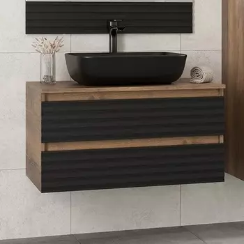 Тумба с раковиной Brevita Dakota 80 подвесная, дуб галифакс олово, черный кварц