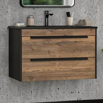 Тумба с раковиной Brevita Monsour 80 подвесная, дуб галифакс олово, черный кварц