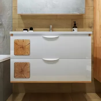 Тумба с раковиной Бриклаер Форест 100 дуб золотой, белый глянец, раковина Mario 100