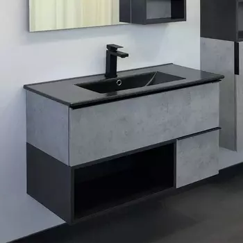 Тумба с раковиной Comforty Франкфурт 90 подвесная, бетон светлый, черная раковина