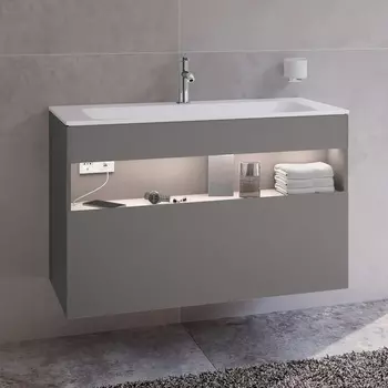 Тумба с раковиной Keuco Stageline 32872 100 см, с подсветкой, розеткой и точкой зарядки USB и USB-C, инокс матовый