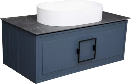 Тумба с раковиной La Fenice Cubo 90, подвесная, синяя, черная столешница, матовая раковина