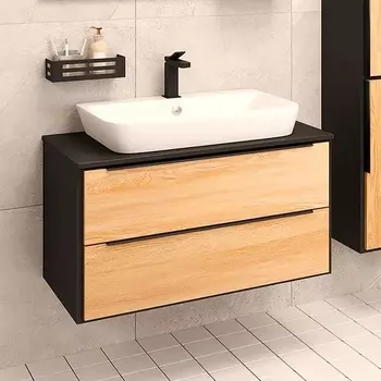 Тумба с раковиной Runo Мальта 85, подвесная, дуб, черная