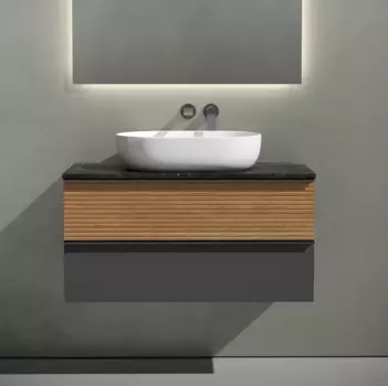 Тумба с раковиной Sancos Delta 100 см, дуб красный, графит, столешница черный мрамор, раковина CN6047