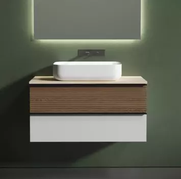 Тумба с раковиной Sancos Delta 100 см, дуб светлый, белый, столешница бежевая, раковина СN5004