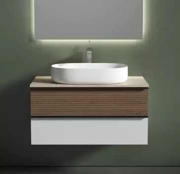 Тумба с раковиной Sancos Delta 100 см, дуб светлый, белый, столешница бежевая, раковина CN5022