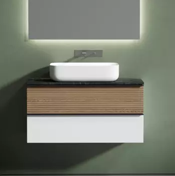 Тумба с раковиной Sancos Delta 100 см, дуб светлый, белый, столешница черный мрамор, раковина СN5004