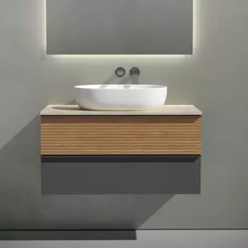 Тумба с раковиной Sancos Delta 100 см, дуб красный, графит, столешница бежевая, раковина CN6047