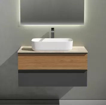 Тумба с раковиной Sancos Delta 100 см, дуб красный, графит, столешница бежевая, раковина CN5021