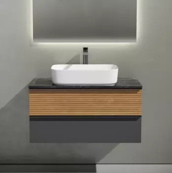 Тумба с раковиной Sancos Delta 100 см, дуб красный, графит, столешница черный мрамор, раковина CN5021