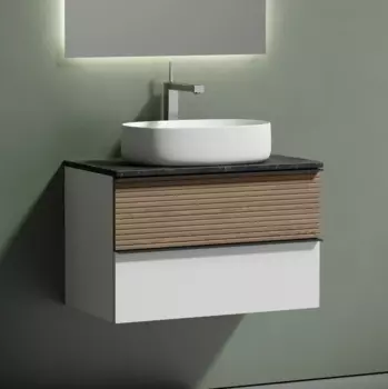 Тумба с раковиной Sancos Delta 80 см, дуб светлый, белый, столешница черный мрамор, раковина CN5023