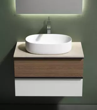 Тумба с раковиной Sancos Delta 80 см, дуб светлый, белый, столешница бежевая, раковина CN5023