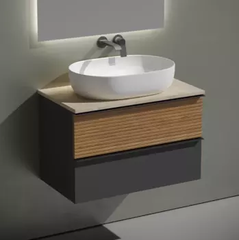 Тумба с раковиной Sancos Delta 80 см, дуб красный, графит, столешница бежевая, раковина CN6047