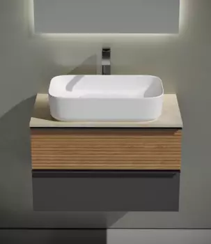 Тумба с раковиной Sancos Delta 80 см, дуб красный, графит, столешница бежевая, раковина CN5021