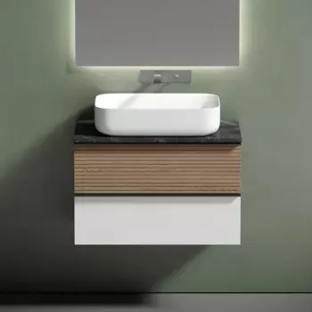 Тумба с раковиной Sancos Delta 80 см, дуб светлый, белый, столешница черный мрамор, раковина СN5004