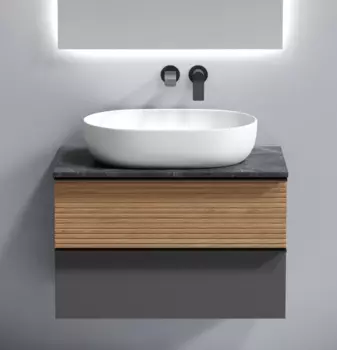 Тумба с раковиной Sancos Delta 80 см, дуб красный, графит, столешница черный мрамор, раковина CN6047