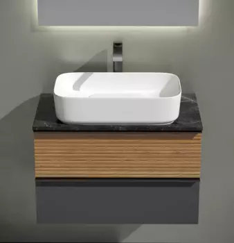 Тумба с раковиной Sancos Delta 80 см, дуб красный, графит, столешница черный мрамор, раковина CN5021