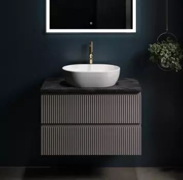 Тумба с раковиной Sancos Snob R 80 см, doha soft, столешница черный мрамор, раковина CN6019