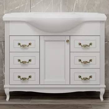 Тумба с раковиной ValenHouse Эллина 105 белая, 6 ящиков, 1 дверца, ручки золото